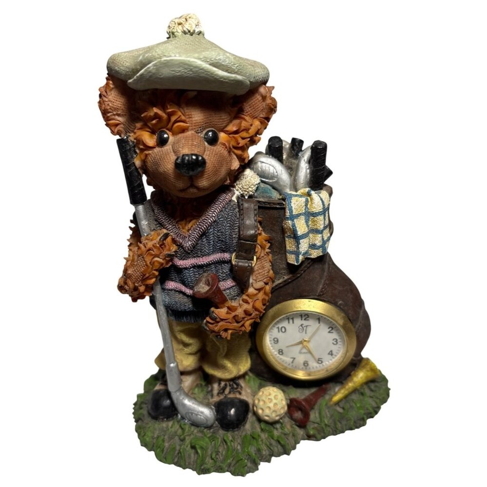 Golf Theme Bear Figurine With ST Quartz Clock & Golf Bag Details
